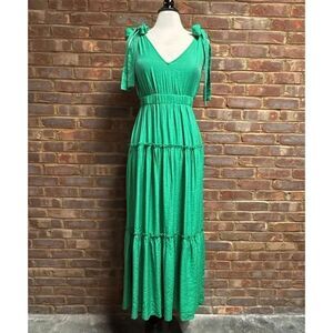 Fanco Women’s Green Sleeveless V Neck Tiered Maxi Dress Sz Medium
